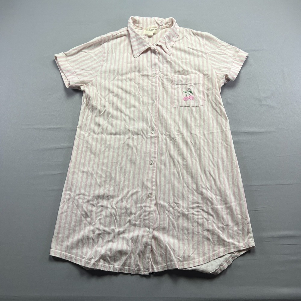 Laura Ashley Pajama Shirt Womens Large Pink White Striped Cotton Button Front